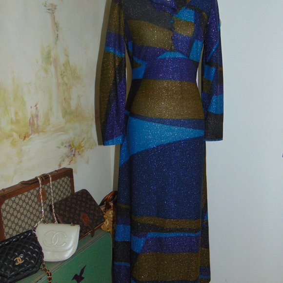 Englands " Mary Wilson" Vintage 70's Maxi Sexy Metallic Dress M Studio 54 Blue - Picture 2 of 12